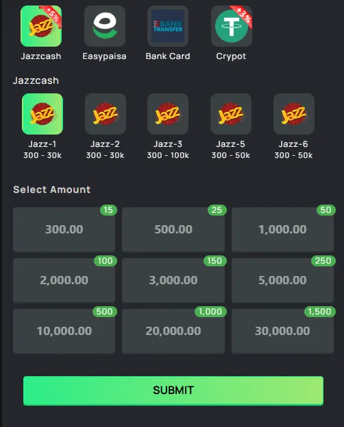 B9 Game JazzCash deposit method screen