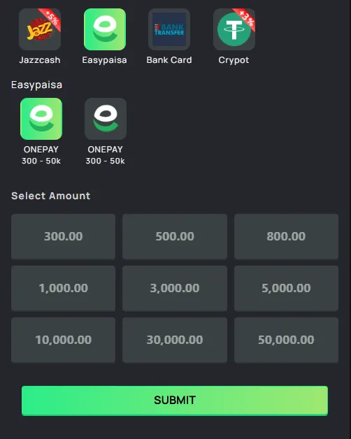 B9 Game deposit options and payment methods screen