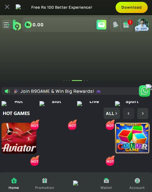B9 Game homepage with game categories and features