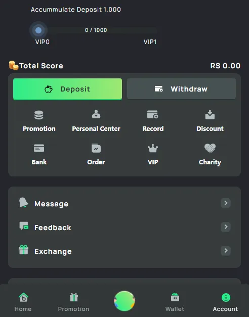 B9 Game user profile section with balance and stats