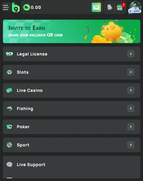 B9 Game invite and earn screen for referral bonuses